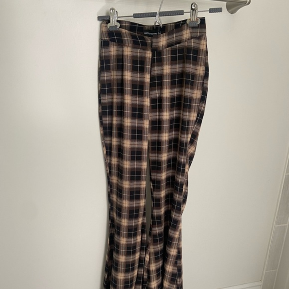 PrettyLittleThing Black and Tan Plaid flare Pants